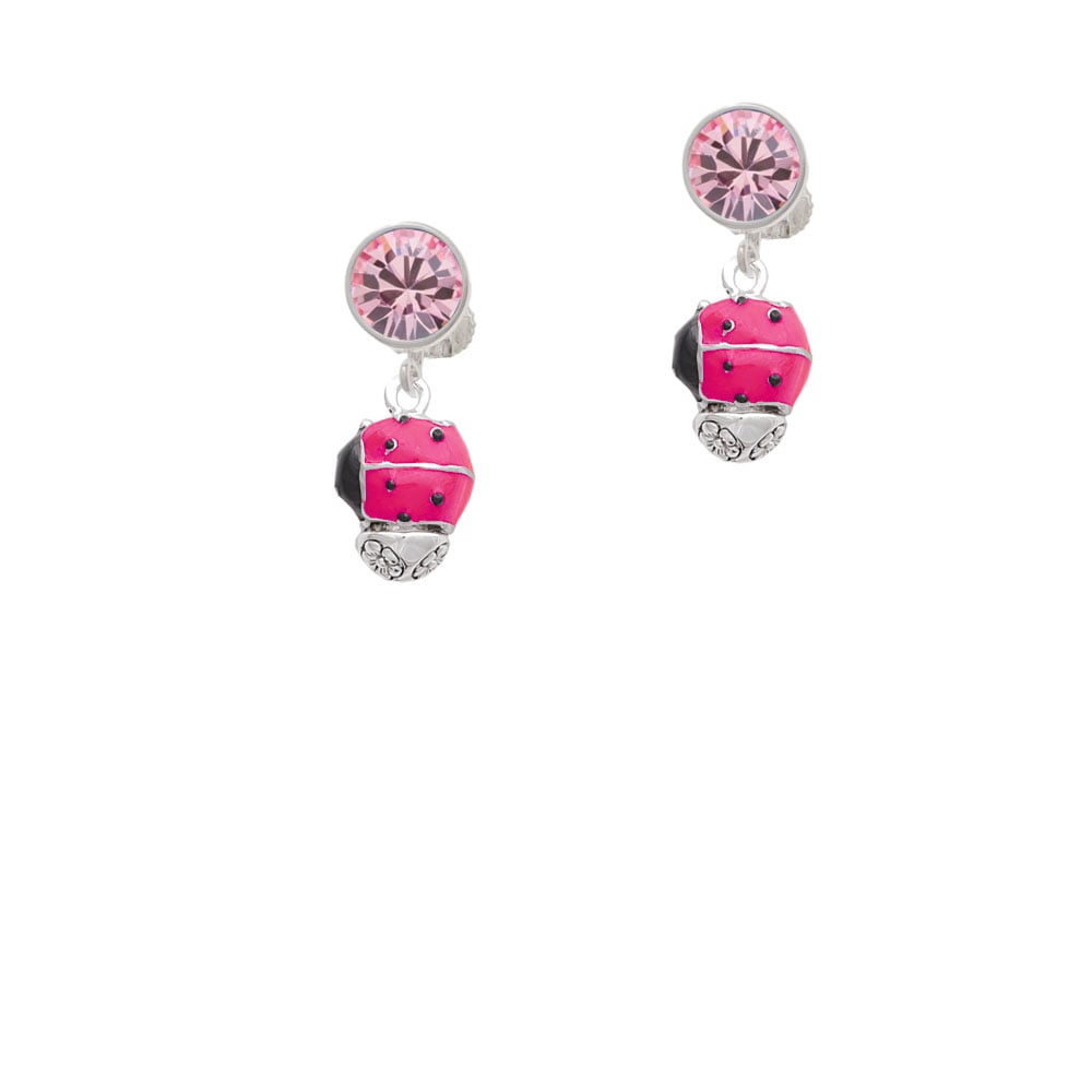 Hot Pink Ladybug Spinner Crystal Clip On Earrings Image 1