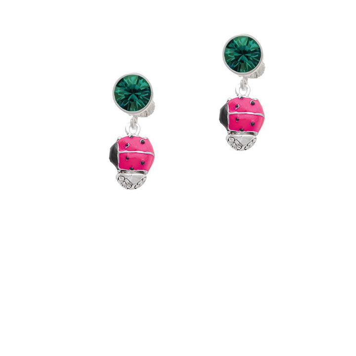 Hot Pink Ladybug Spinner Crystal Clip On Earrings Image 1