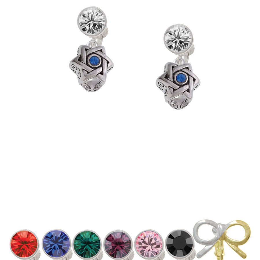 Star of David with Blue Crystal Spinner Crystal Clip On Earrings Image 1