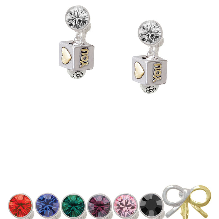 Two Tone Love You Square Spinner Crystal Clip On Earrings Image 1