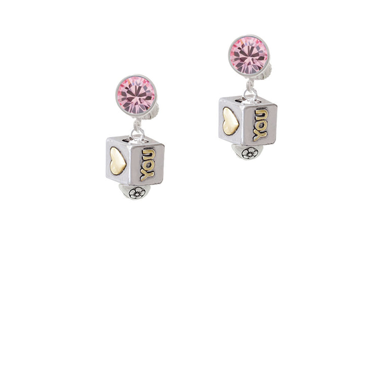 Two Tone Love You Square Spinner Crystal Clip On Earrings Image 4