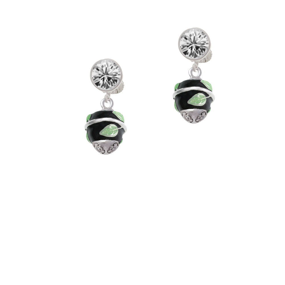 Lime Leaves on Black Band Spinner Crystal Clip On Earrings Image 2