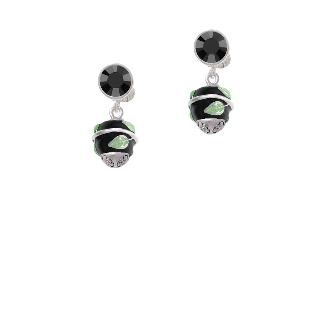 Lime Leaves on Black Band Spinner Crystal Clip On Earrings Image 1