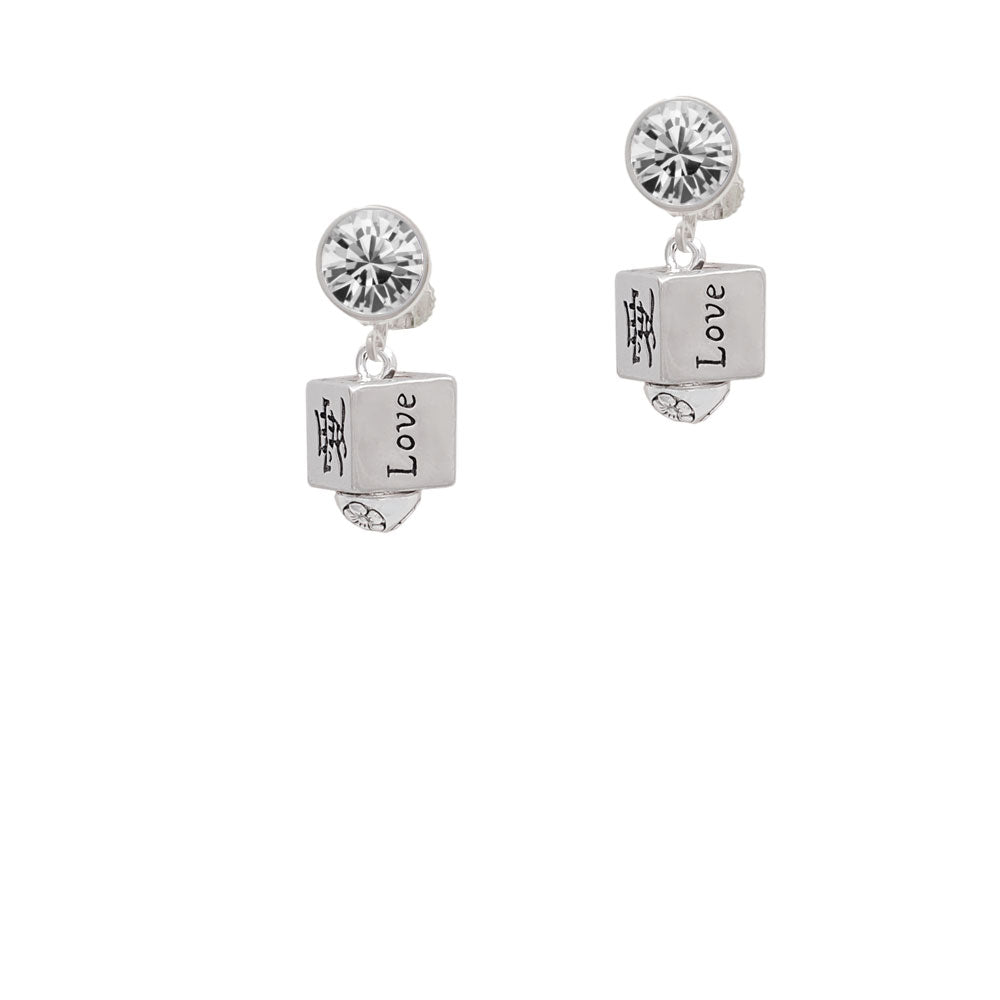 Chinese Symbol Love Square Spinner Crystal Clip On Earrings Image 2