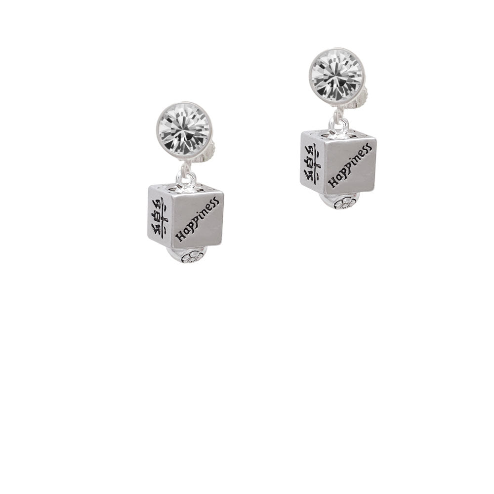 Chinese Symbol Happiness Square Spinner Crystal Clip On Earrings Image 2