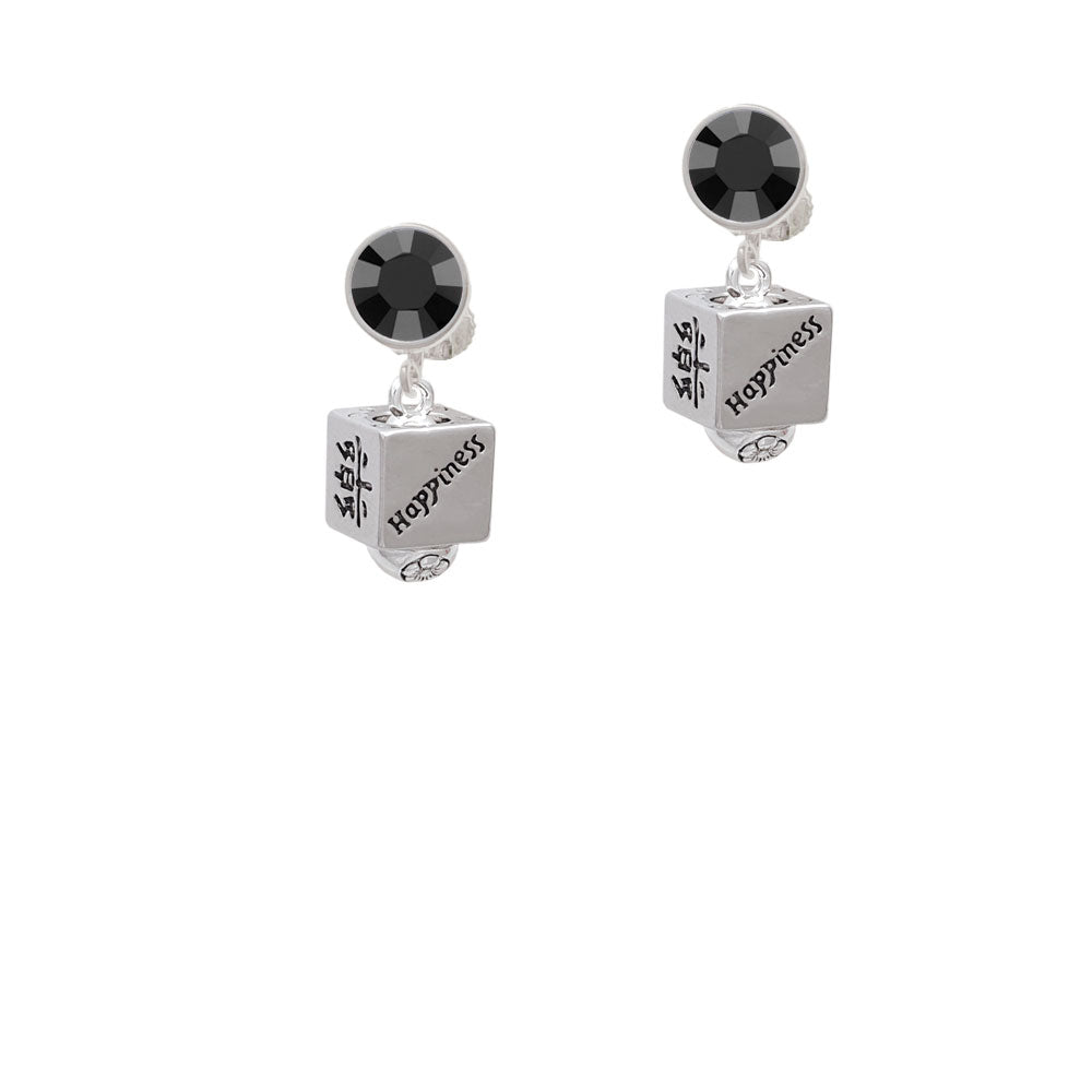 Chinese Symbol Happiness Square Spinner Crystal Clip On Earrings Image 3