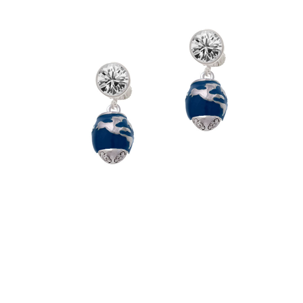 Blue Enamel World Globe Spinner Crystal Clip On Earrings Image 2