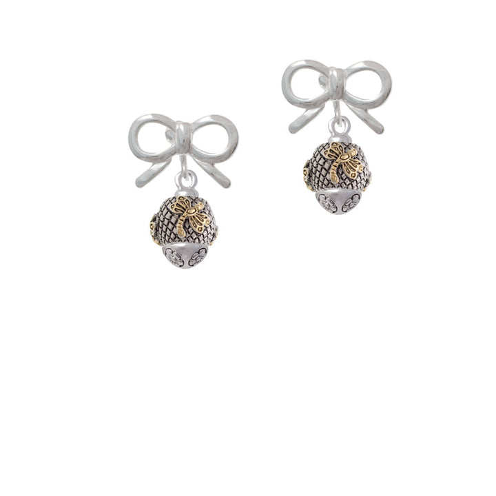 Gold Tone Dragonfly on Silver Tone Hatched Background Spinner Crystal Clip On Earrings Image 9