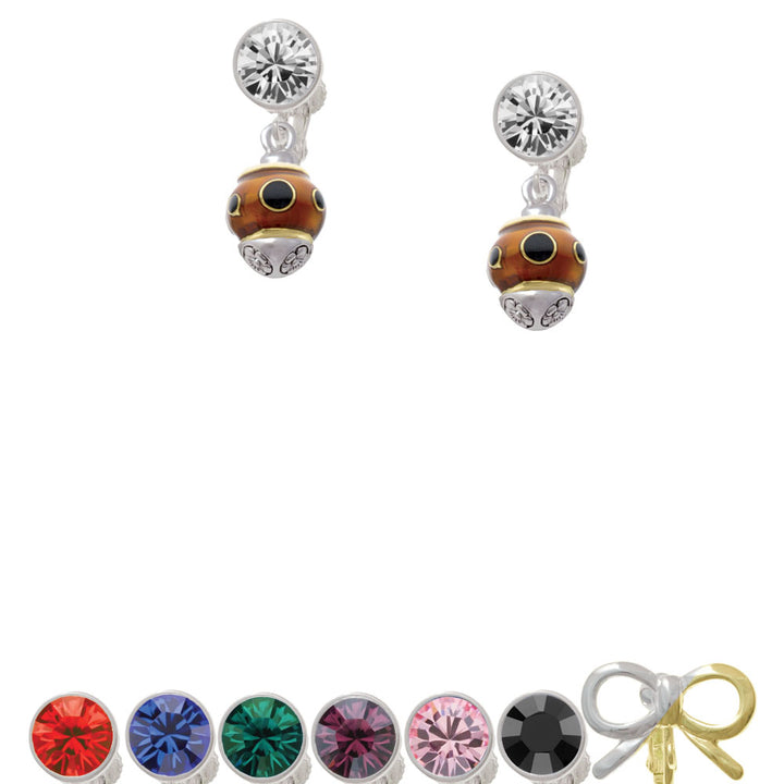 Wide Black Dots on Translucent Brown - Gold Tone Spinner Crystal Clip On Earrings Image 1