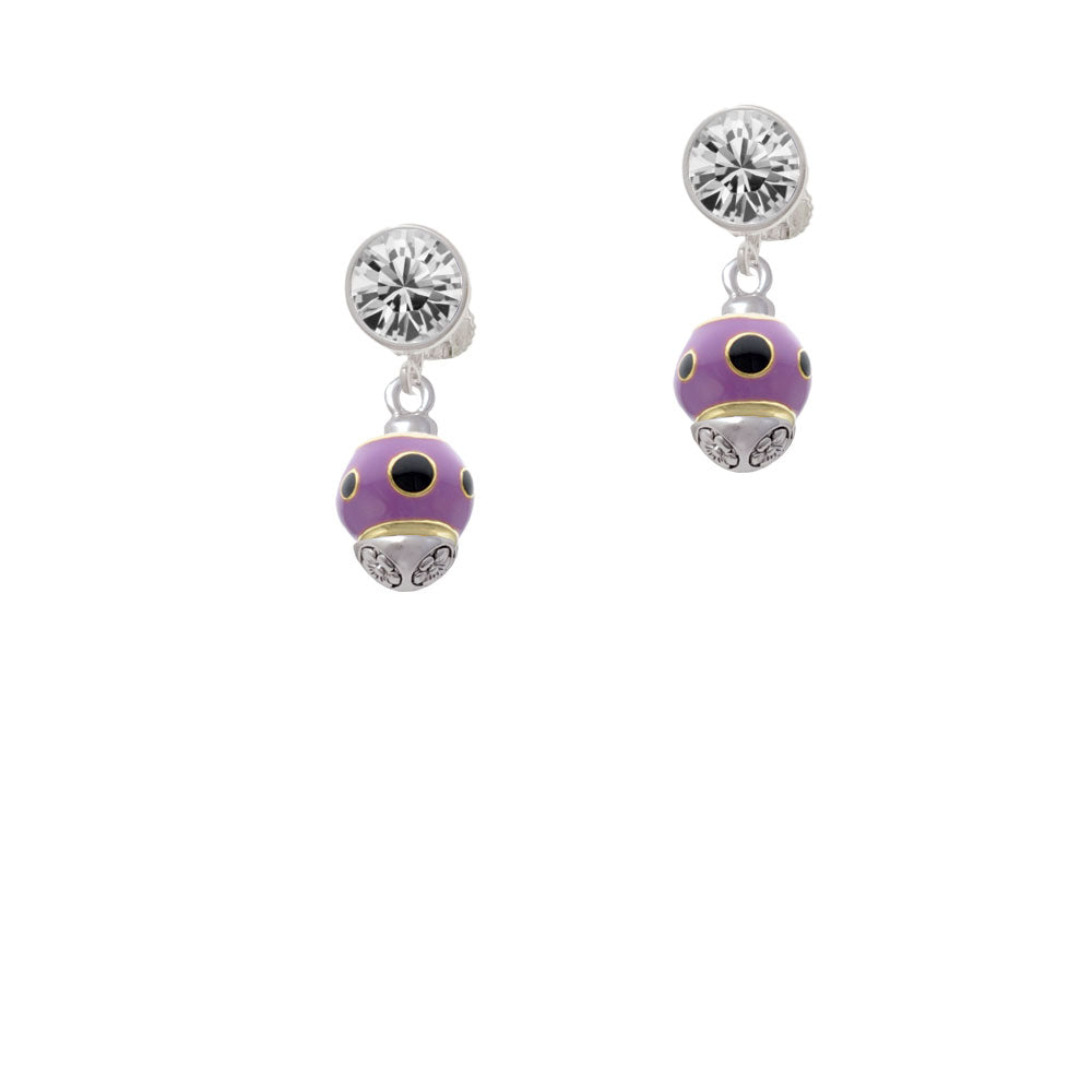 Wide Black Dots on Purple - Gold Tone Spinner Crystal Clip On Earrings Image 2