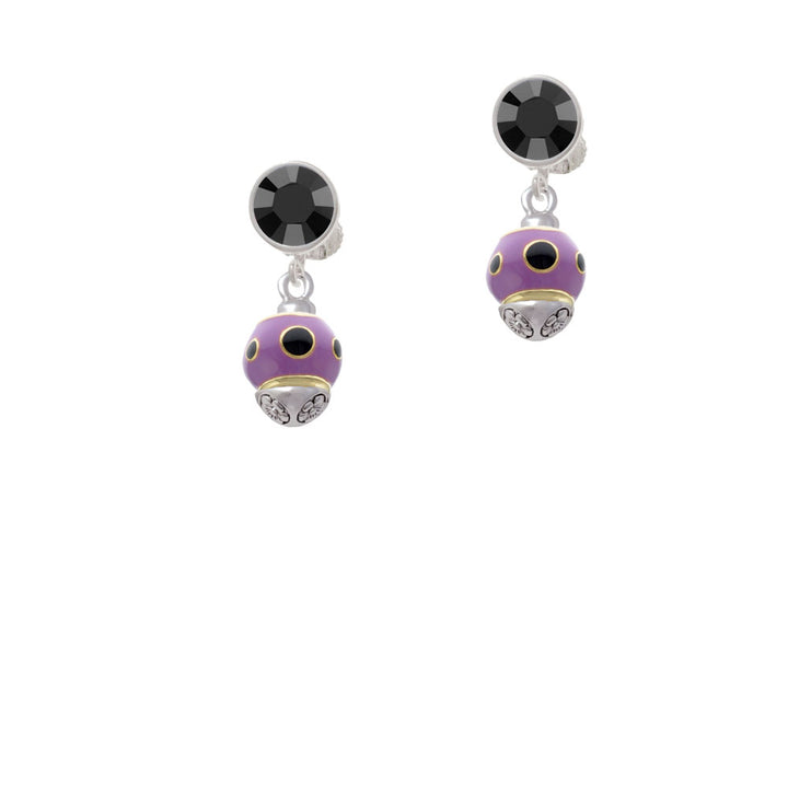 Wide Black Dots on Purple - Gold Tone Spinner Crystal Clip On Earrings Image 3