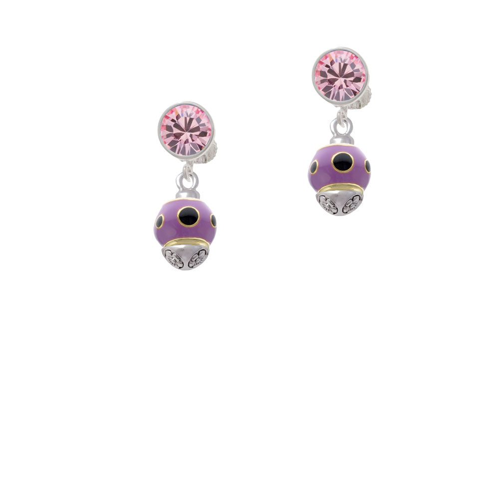 Wide Black Dots on Purple - Gold Tone Spinner Crystal Clip On Earrings Image 4