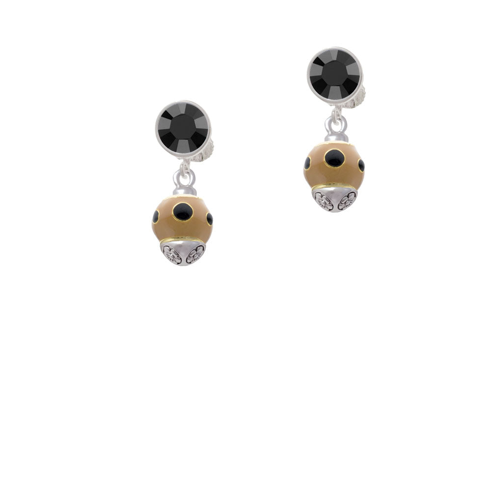 Wide Black Dots on Tan - Gold Tone Spinner Crystal Clip On Earrings Image 3