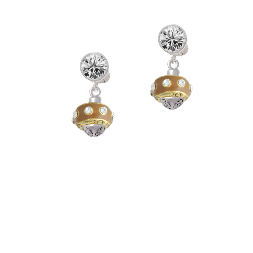 Tan with Crystals Gold Tone Spinner Crystal Clip On Earrings Image 2