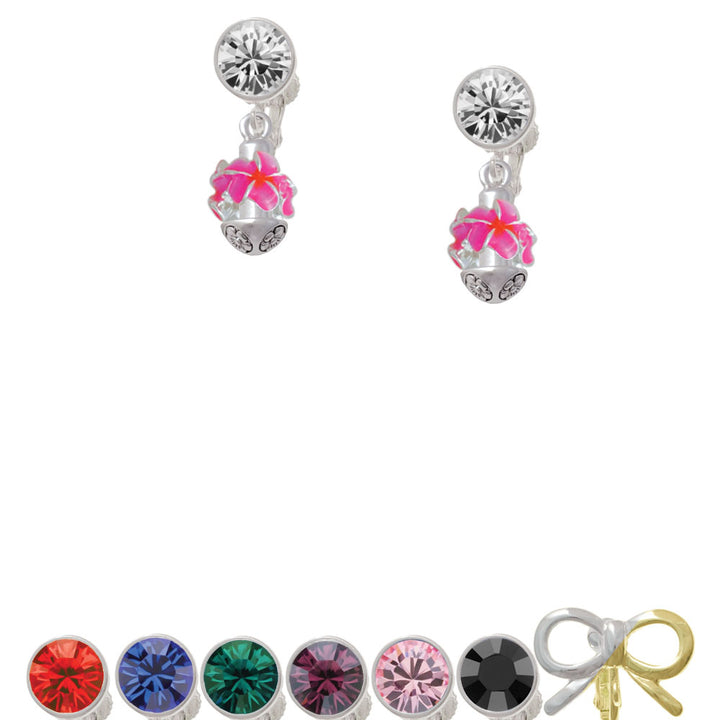 Hot Pink and Orange Plumeria Flowers Spinner Crystal Clip On Earrings Image 1