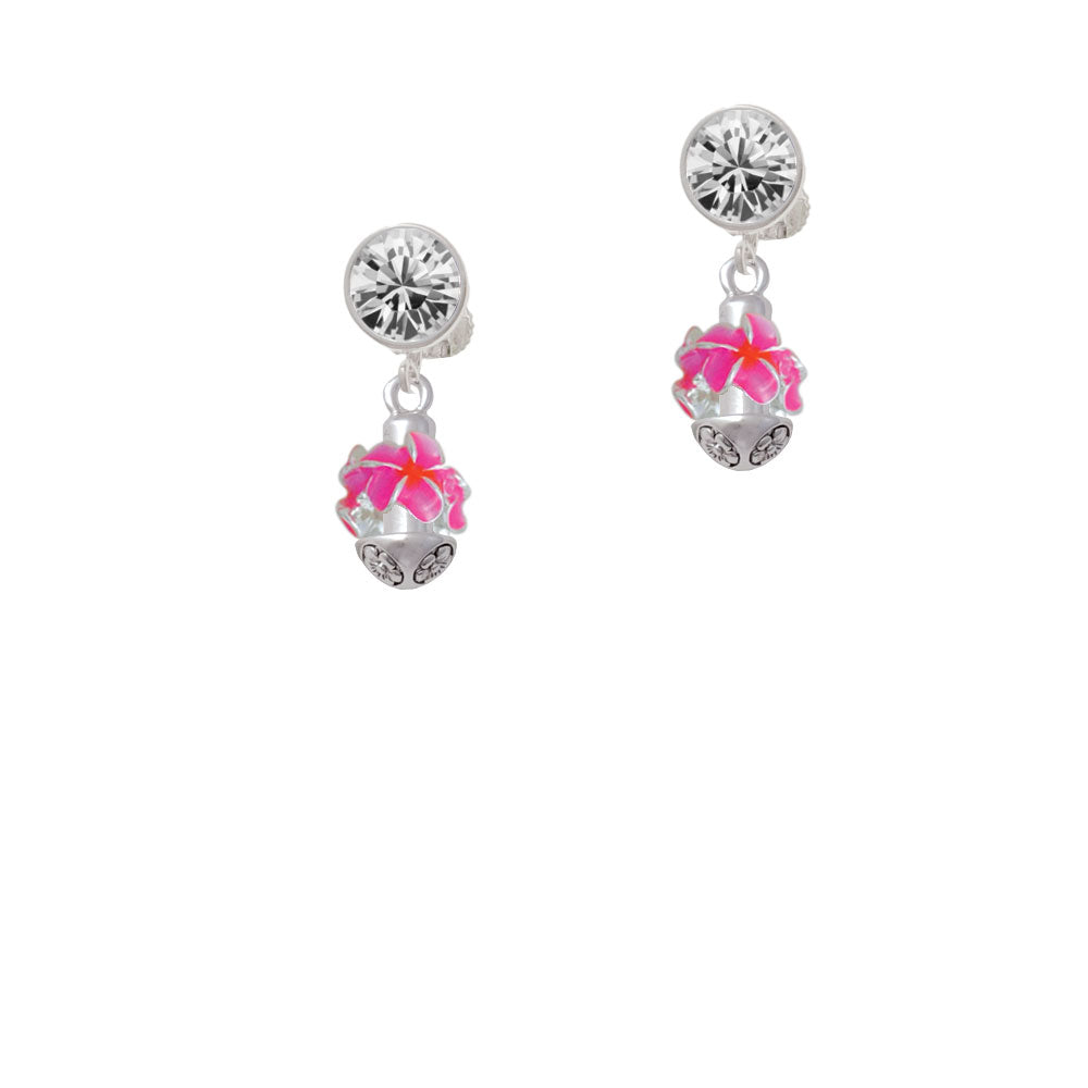 Hot Pink and Orange Plumeria Flowers Spinner Crystal Clip On Earrings Image 2