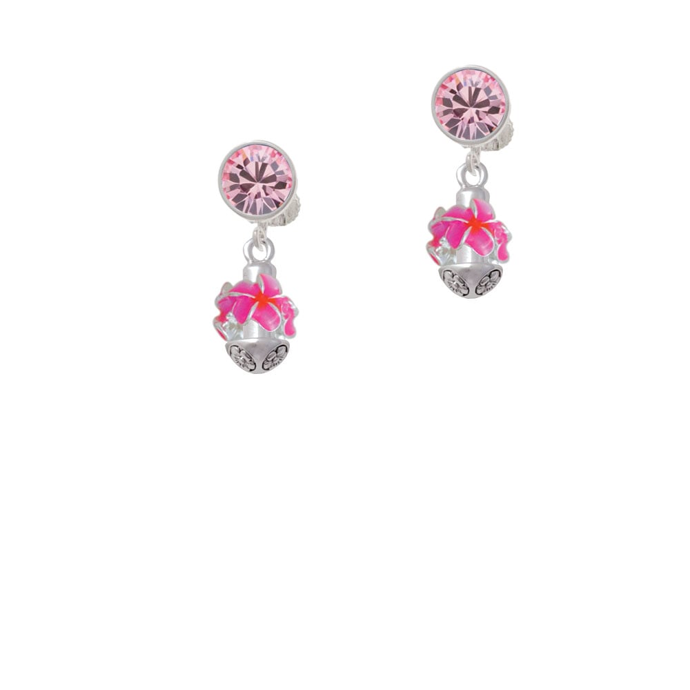 Hot Pink and Orange Plumeria Flowers Spinner Crystal Clip On Earrings Image 1