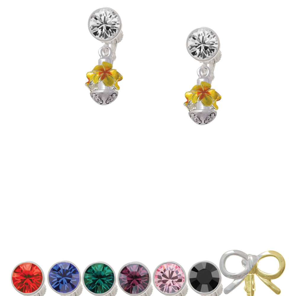 Hot Yellow and Orange Plumeria Flowers Spinner Crystal Clip On Earrings Image 1