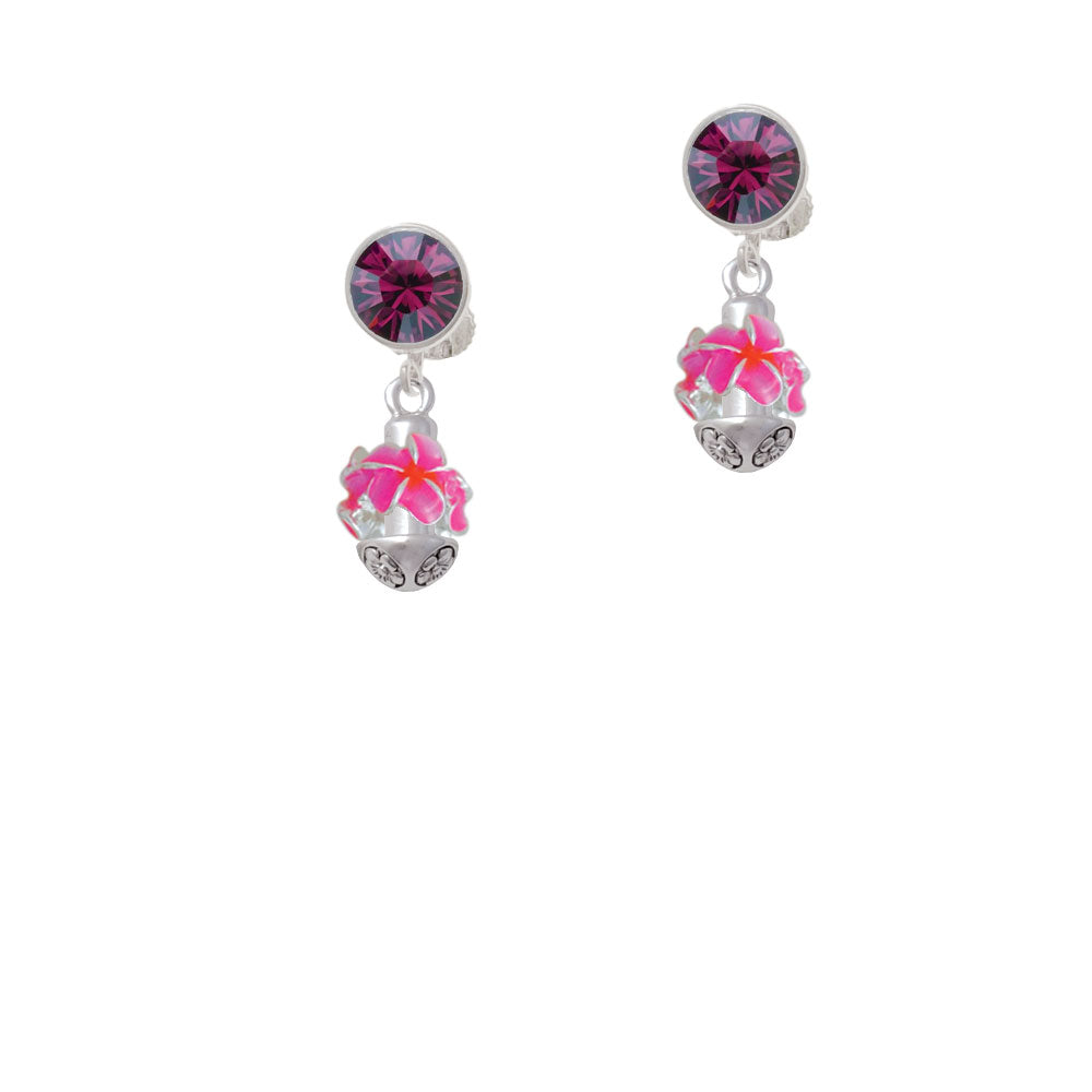 Hot Pink and Orange Plumeria Flowers Spinner Crystal Clip On Earrings Image 8