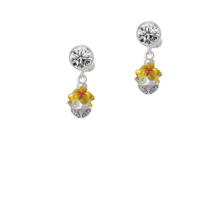 Hot Yellow and Orange Plumeria Flowers Spinner Crystal Clip On Earrings Image 2