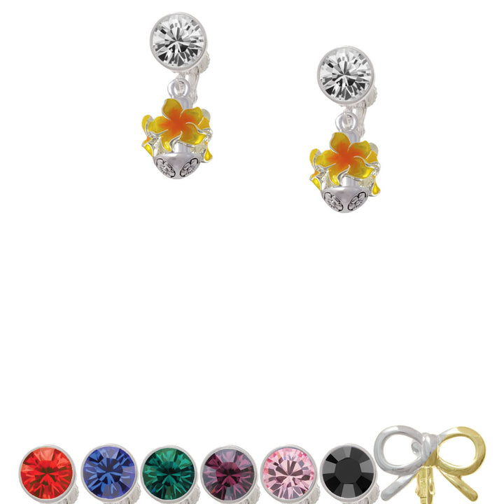 Hot Yellow and Orange Plumeria Flowers Spinner Crystal Clip On Earrings Image 1