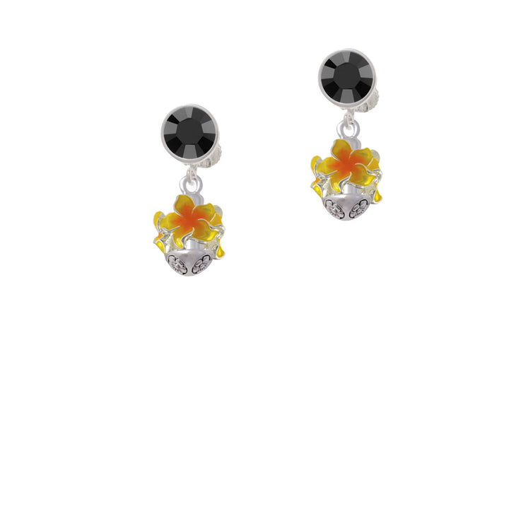 Hot Yellow and Orange Plumeria Flowers Spinner Crystal Clip On Earrings Image 3