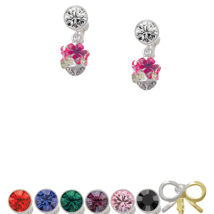 Hot Pink and Purple Plumeria Flowers Spinner Crystal Clip On Earrings Image 1