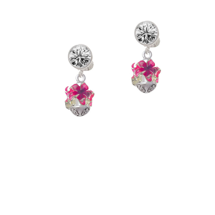 Hot Pink and Purple Plumeria Flowers Spinner Crystal Clip On Earrings Image 2