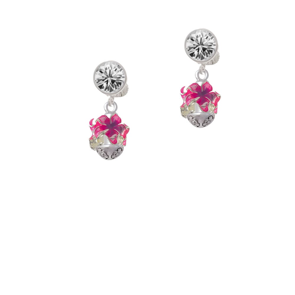 Hot Pink and Purple Plumeria Flowers Spinner Crystal Clip On Earrings Image 1