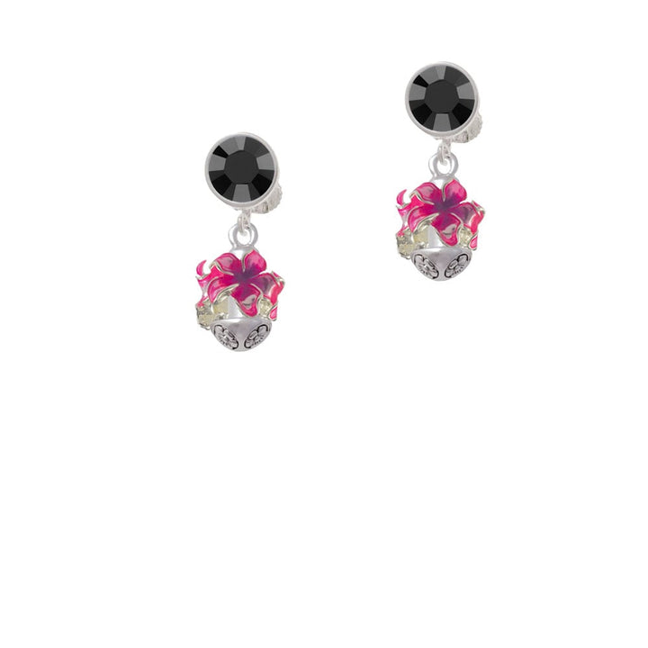 Hot Pink and Purple Plumeria Flowers Spinner Crystal Clip On Earrings Image 1