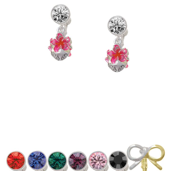 Hot Pink and Orange Plumeria Flowers Spinner Crystal Clip On Earrings Image 1