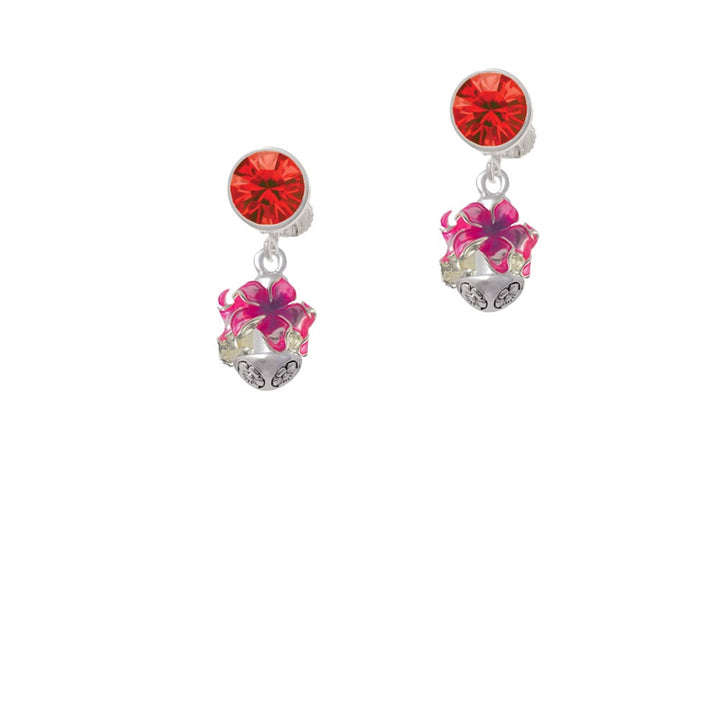 Hot Pink and Purple Plumeria Flowers Spinner Crystal Clip On Earrings Image 4