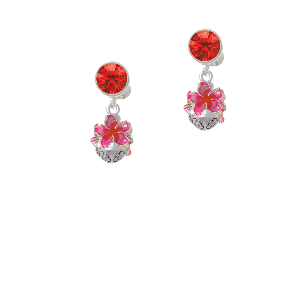 Hot Pink and Orange Plumeria Flowers Spinner Crystal Clip On Earrings Image 4