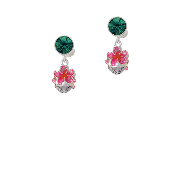 Hot Pink and Orange Plumeria Flowers Spinner Crystal Clip On Earrings Image 6