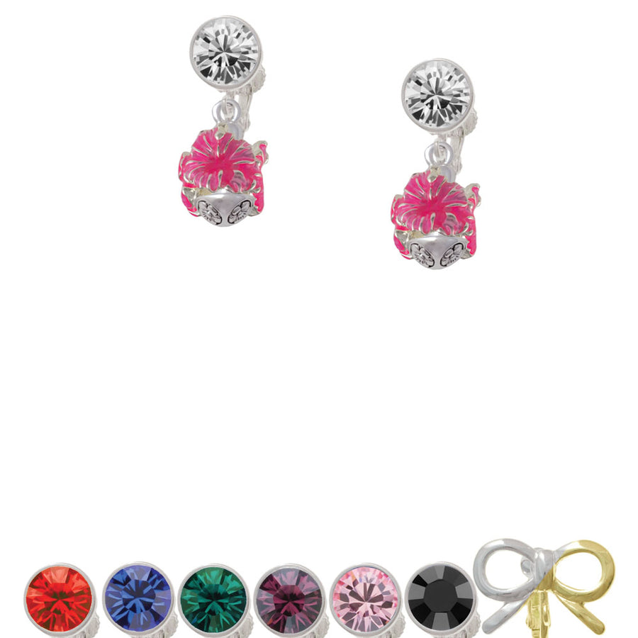 Hot Pink Hibiscus Flowers Spinner Crystal Clip On Earrings Image 1