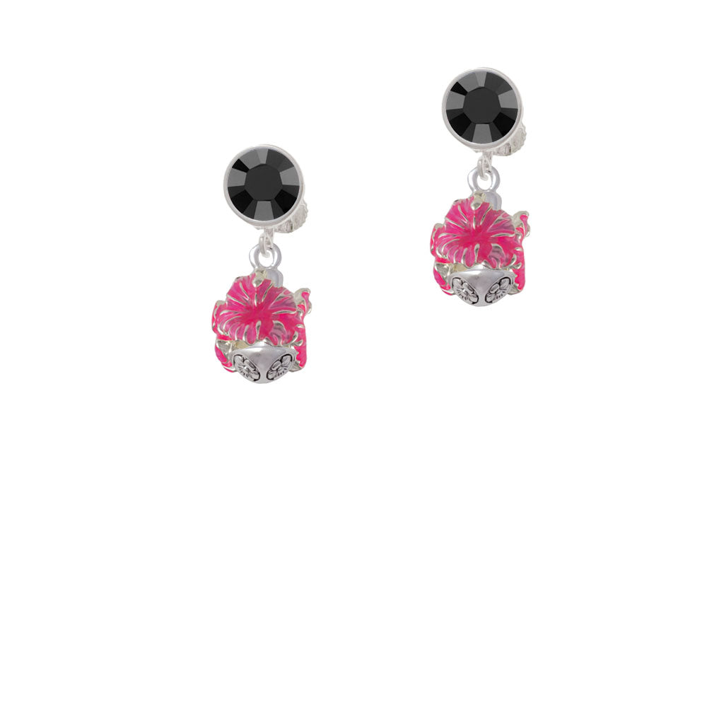 Hot Pink Hibiscus Flowers Spinner Crystal Clip On Earrings Image 3