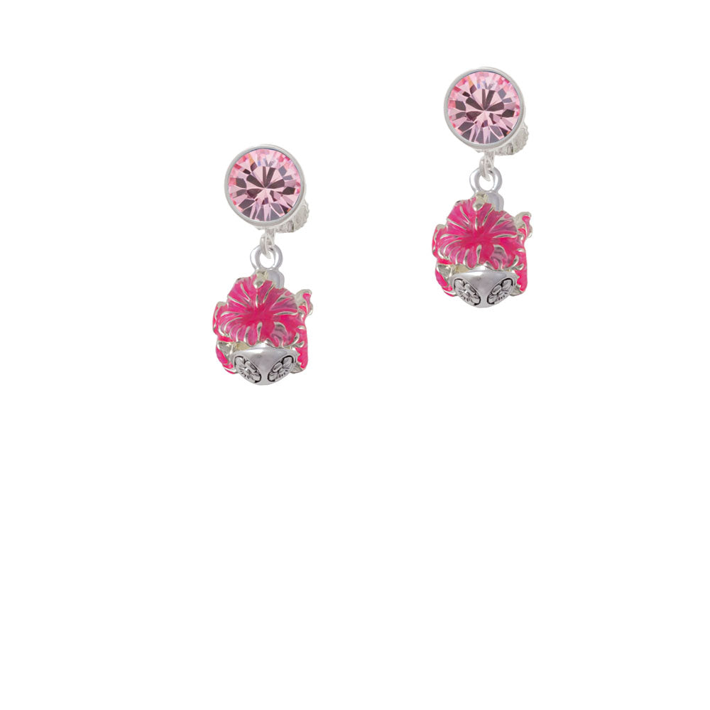 Hot Pink Hibiscus Flowers Spinner Crystal Clip On Earrings Image 4