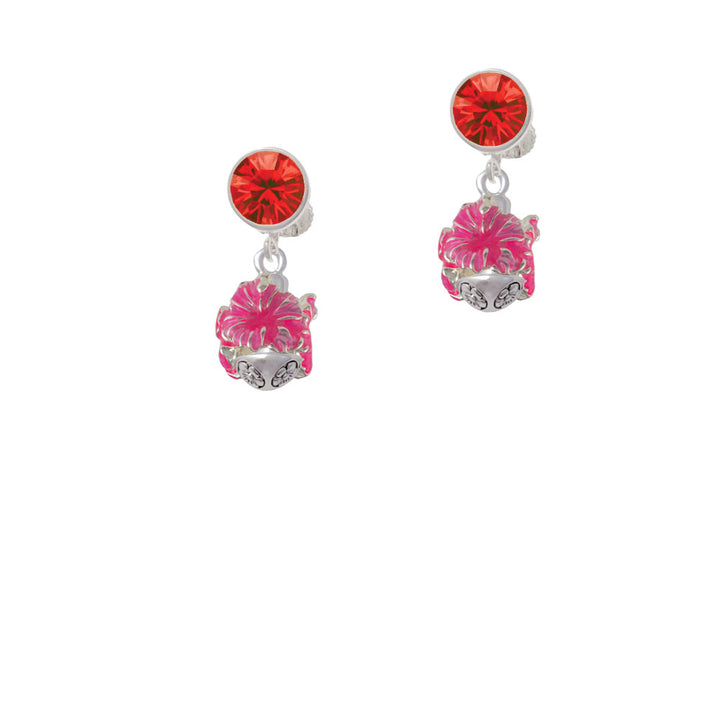 Hot Pink Hibiscus Flowers Spinner Crystal Clip On Earrings Image 4