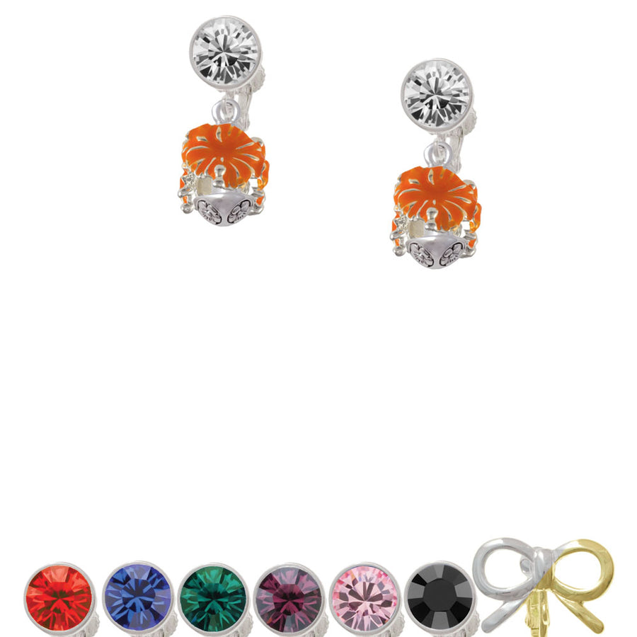 Hot Orange Hibiscus Flowers Spinner Crystal Clip On Earrings Image 1