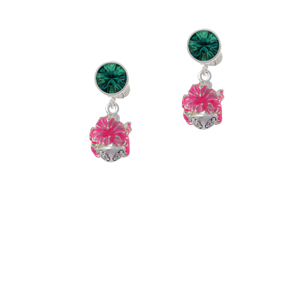 Hot Pink Hibiscus Flowers Spinner Crystal Clip On Earrings Image 6