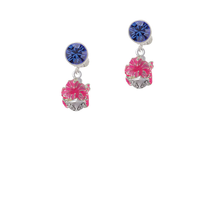 Hot Pink Hibiscus Flowers Spinner Crystal Clip On Earrings Image 7