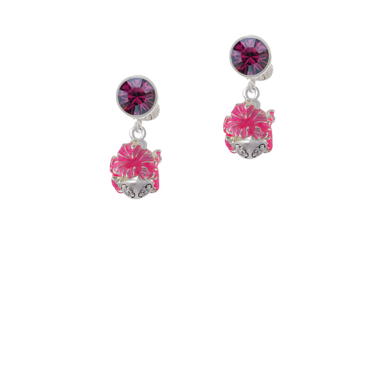 Hot Pink Hibiscus Flowers Spinner Crystal Clip On Earrings Image 8