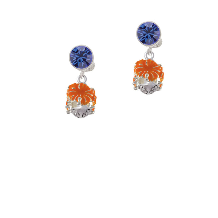 Hot Orange Hibiscus Flowers Spinner Crystal Clip On Earrings Image 7