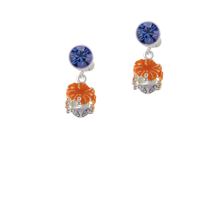 Hot Orange Hibiscus Flowers Spinner Crystal Clip On Earrings Image 1