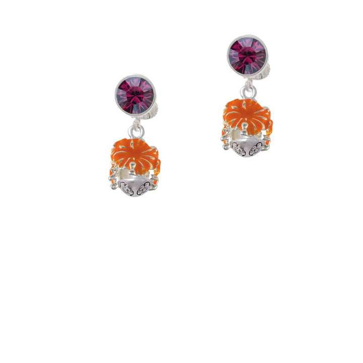 Hot Orange Hibiscus Flowers Spinner Crystal Clip On Earrings Image 8