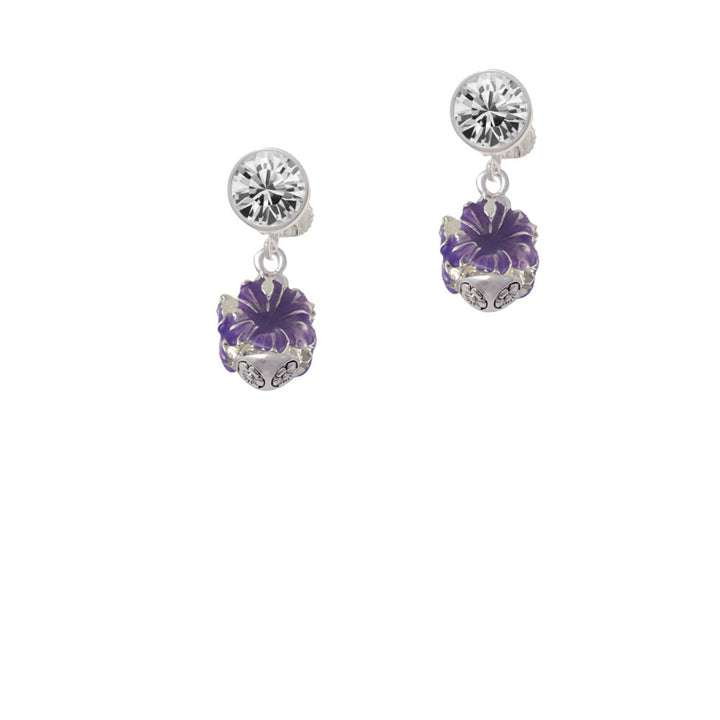 Hot Purple Hibiscus Flowers Spinner Crystal Clip On Earrings Image 2