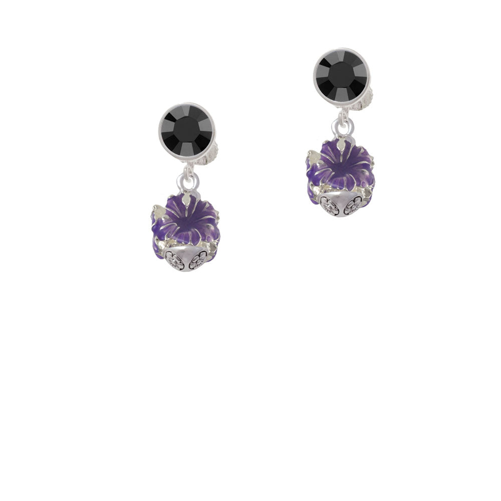 Hot Purple Hibiscus Flowers Spinner Crystal Clip On Earrings Image 3