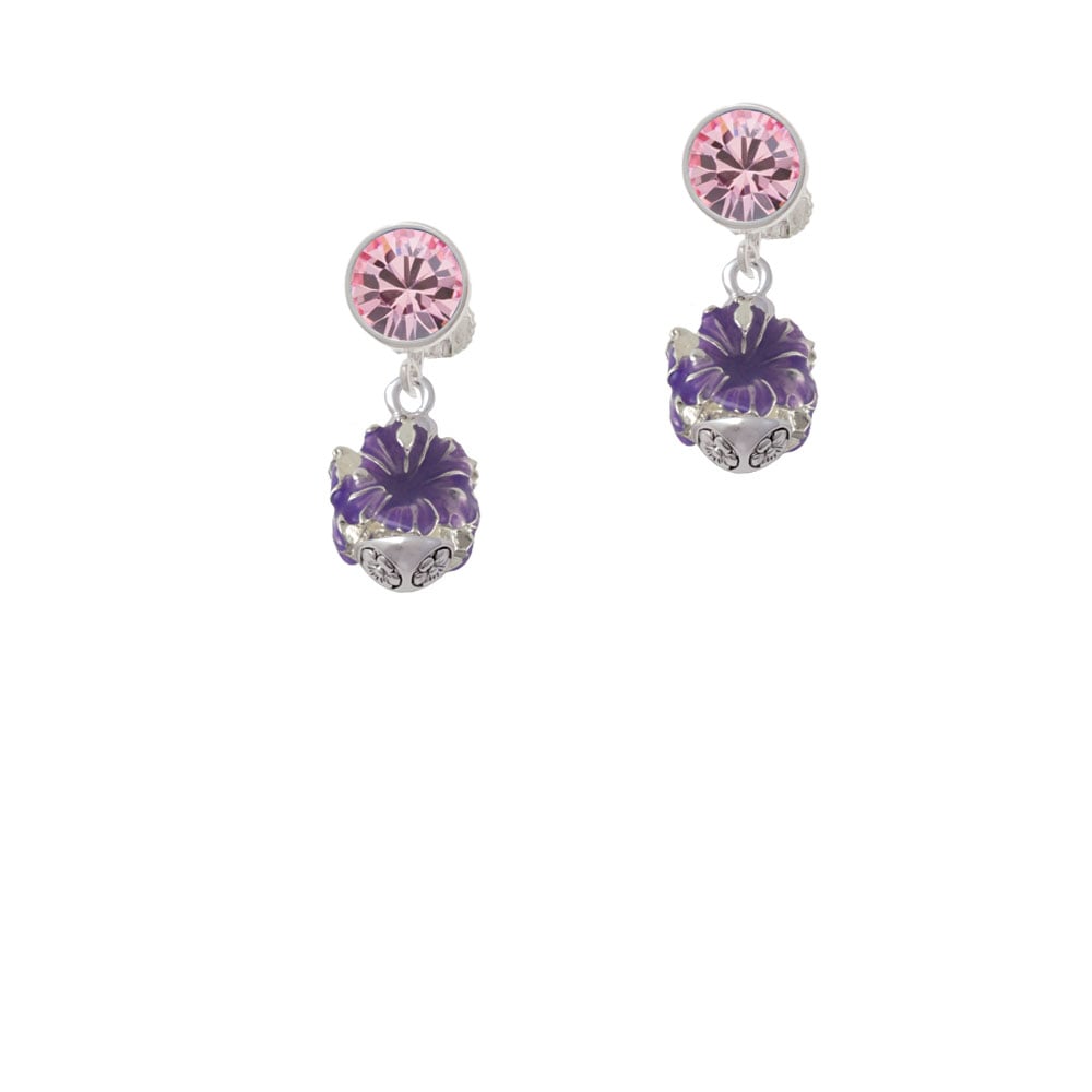 Hot Purple Hibiscus Flowers Spinner Crystal Clip On Earrings Image 4