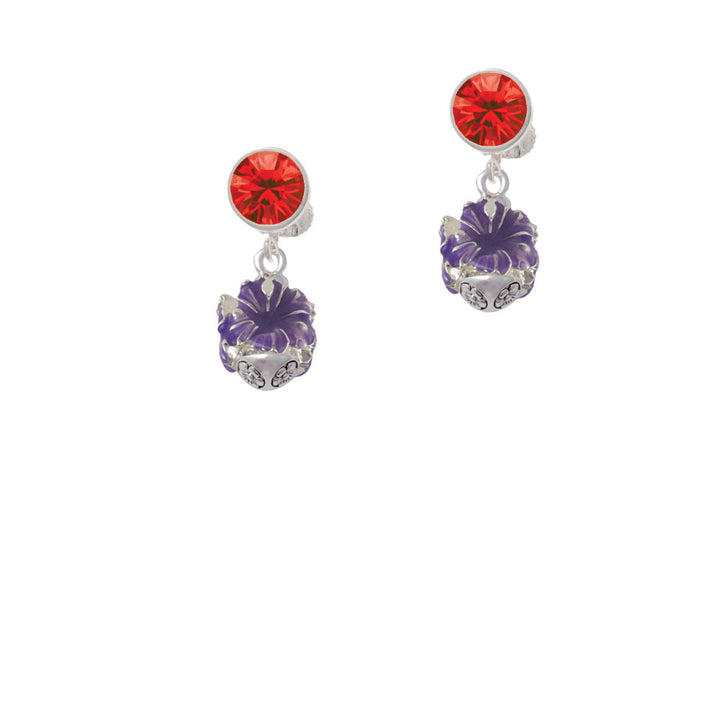 Hot Purple Hibiscus Flowers Spinner Crystal Clip On Earrings Image 4