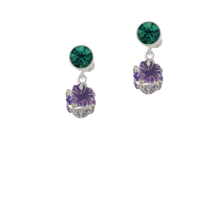 Hot Purple Hibiscus Flowers Spinner Crystal Clip On Earrings Image 6